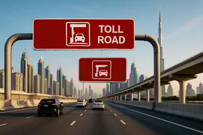 Dubai city highway with toll road sign