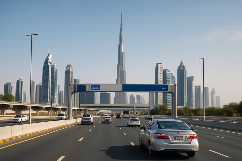 Dubai toll road with modern vehicles and city skyline
